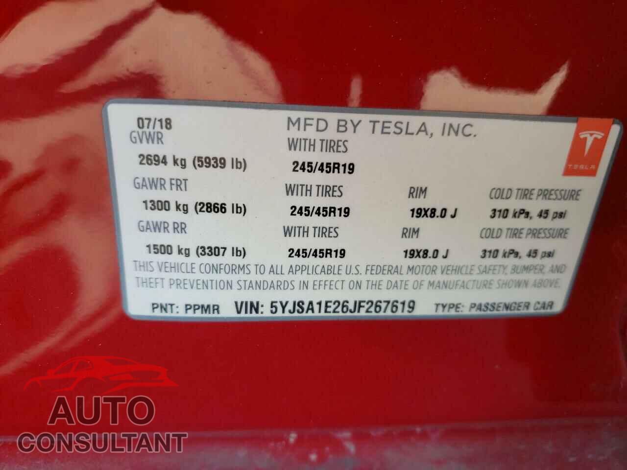 TESLA MODEL S 2018 - 5YJSA1E26JF267619