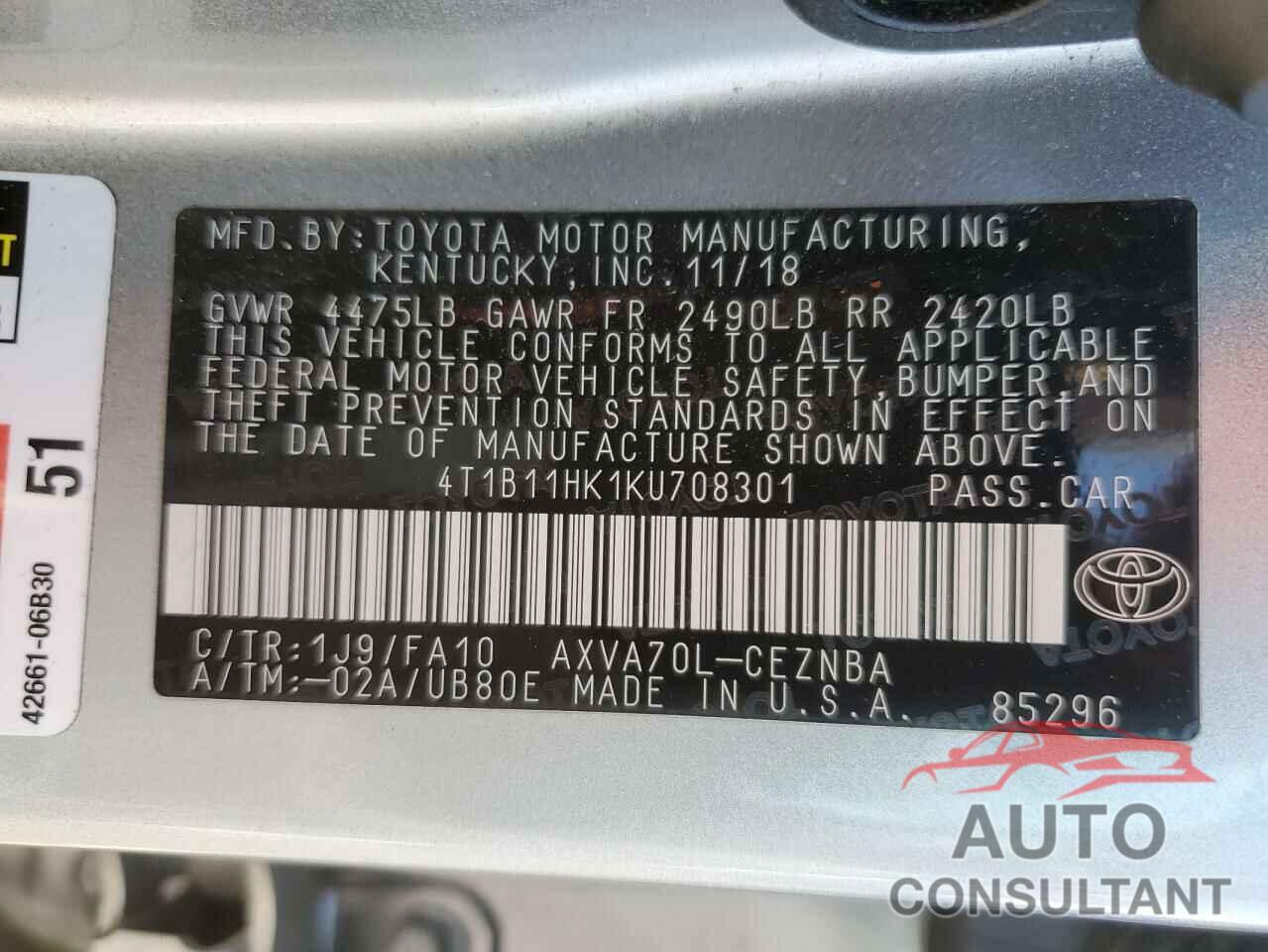TOYOTA CAMRY 2019 - 4T1B11HK1KU708301