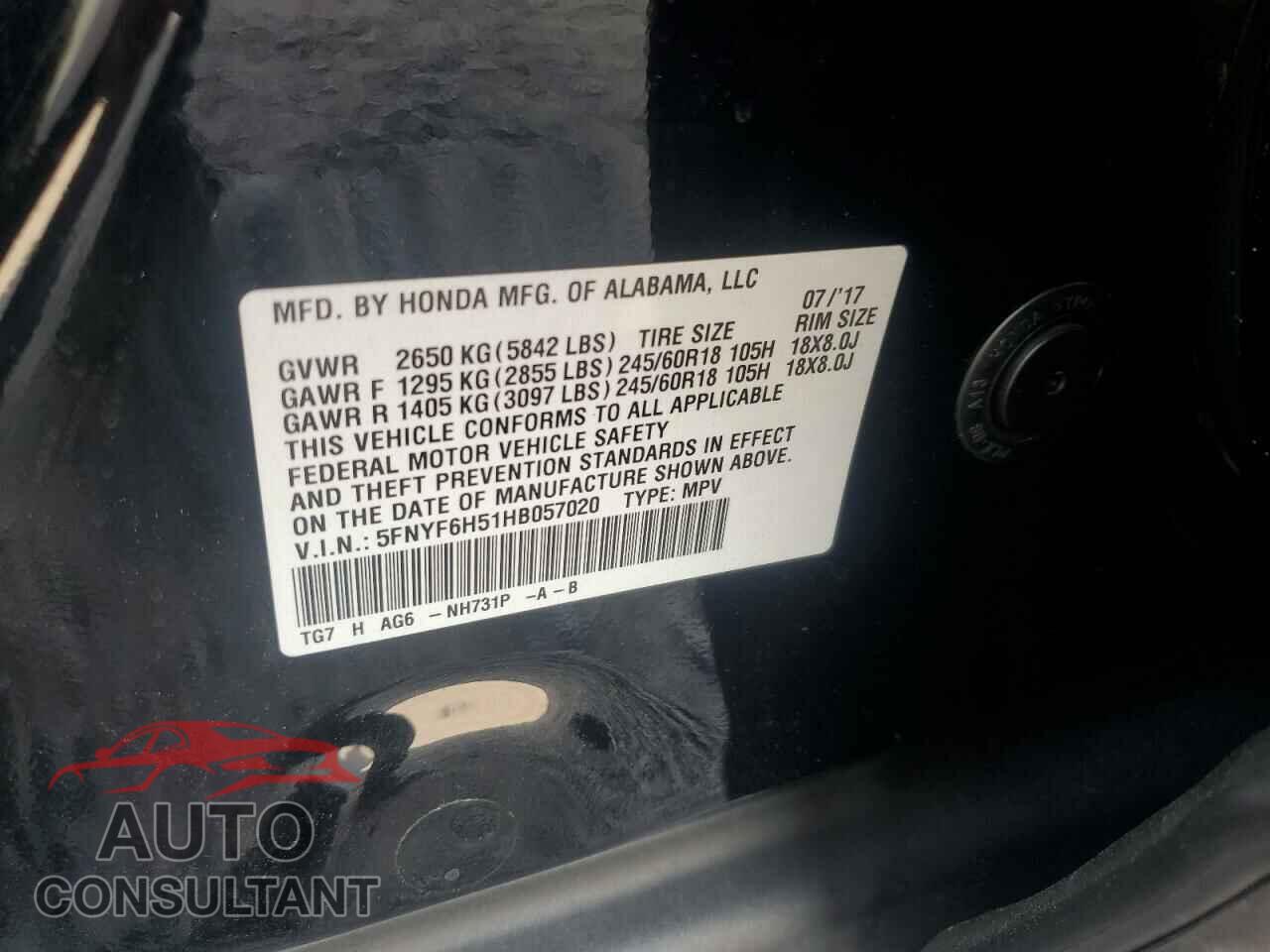 HONDA PILOT 2017 - 5FNYF6H51HB057020