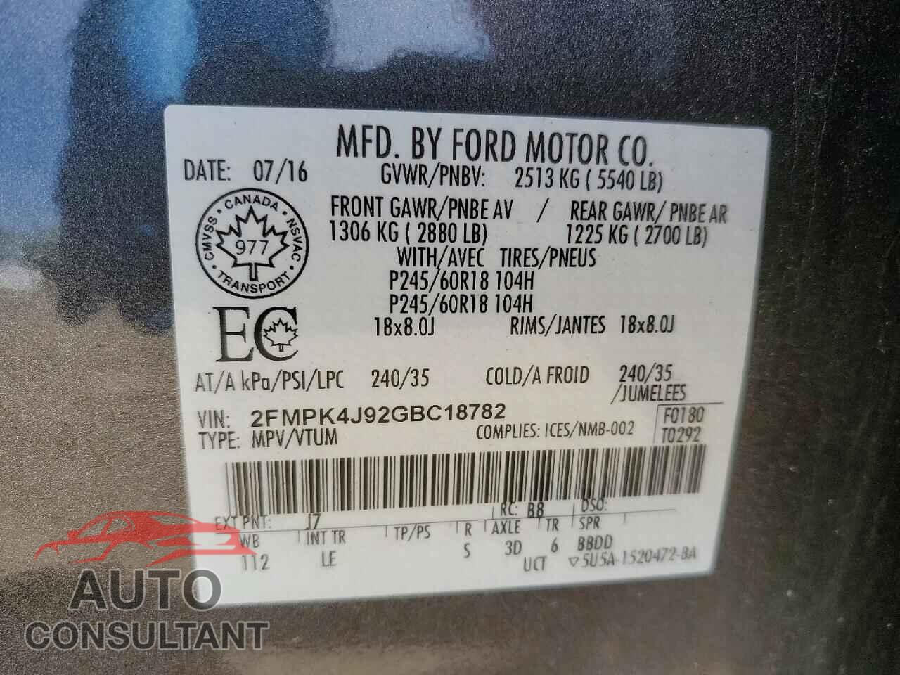 FORD EDGE 2016 - 2FMPK4J92GBC18782