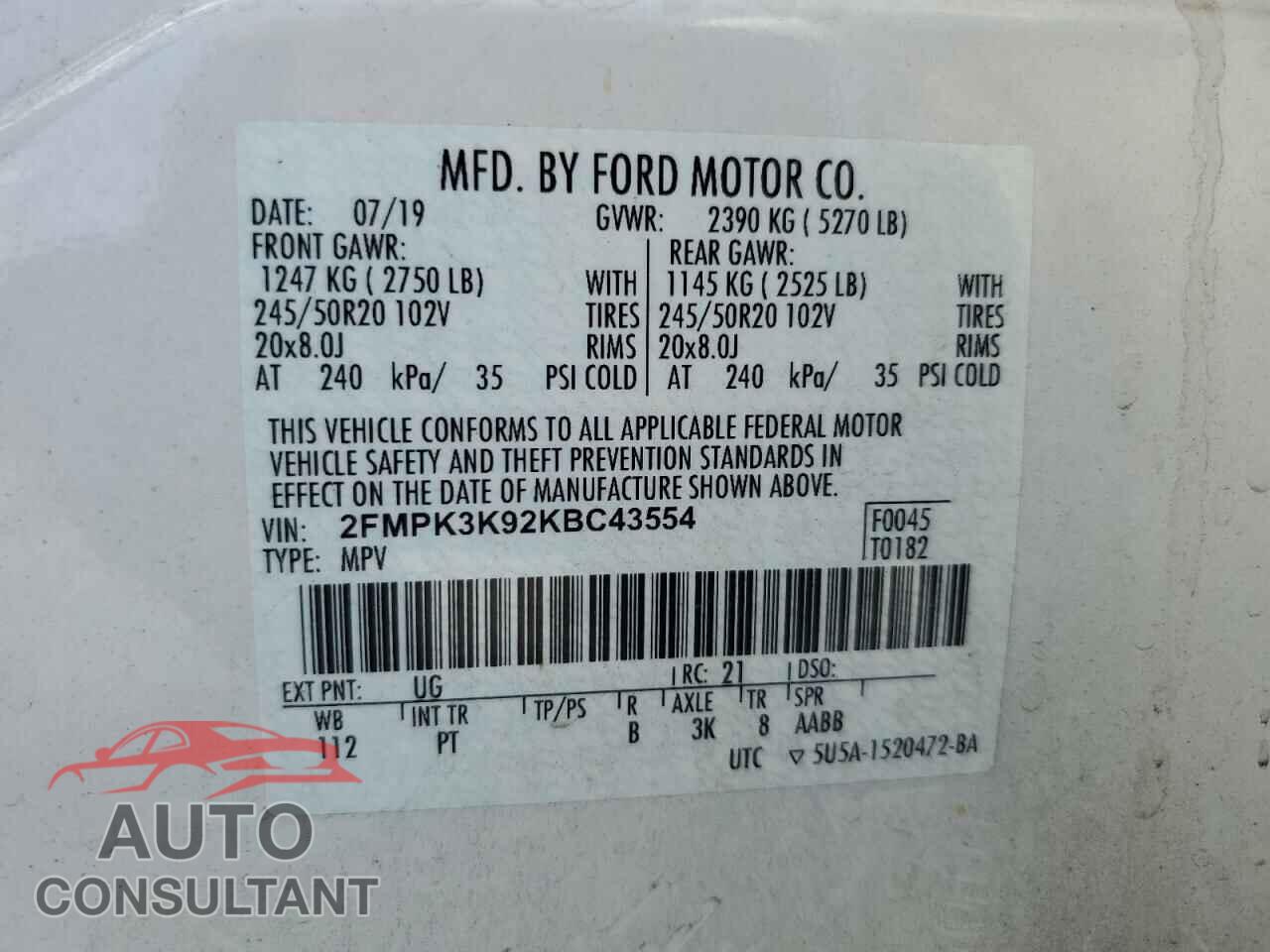 FORD EDGE 2019 - 2FMPK3K92KBC43554