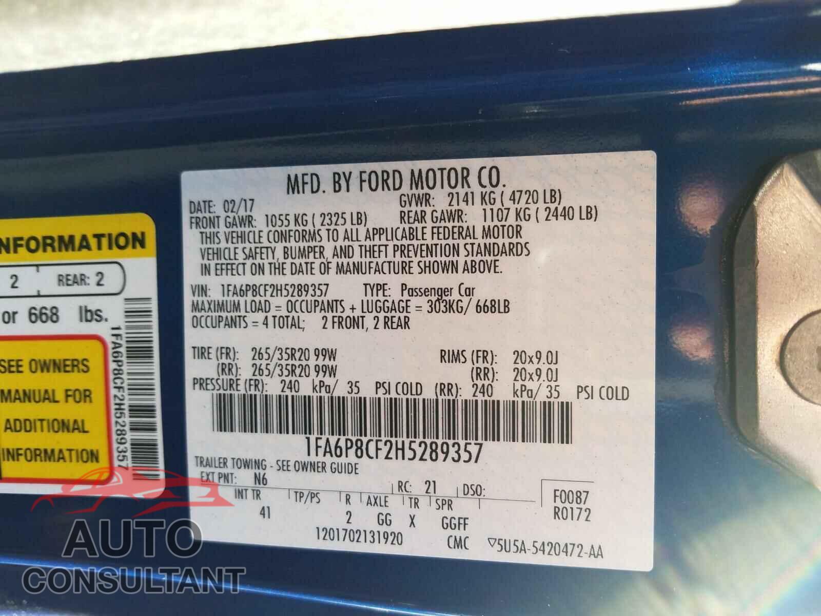 FORD MUSTANG 2017 - 1FA6P8CF2H5289357