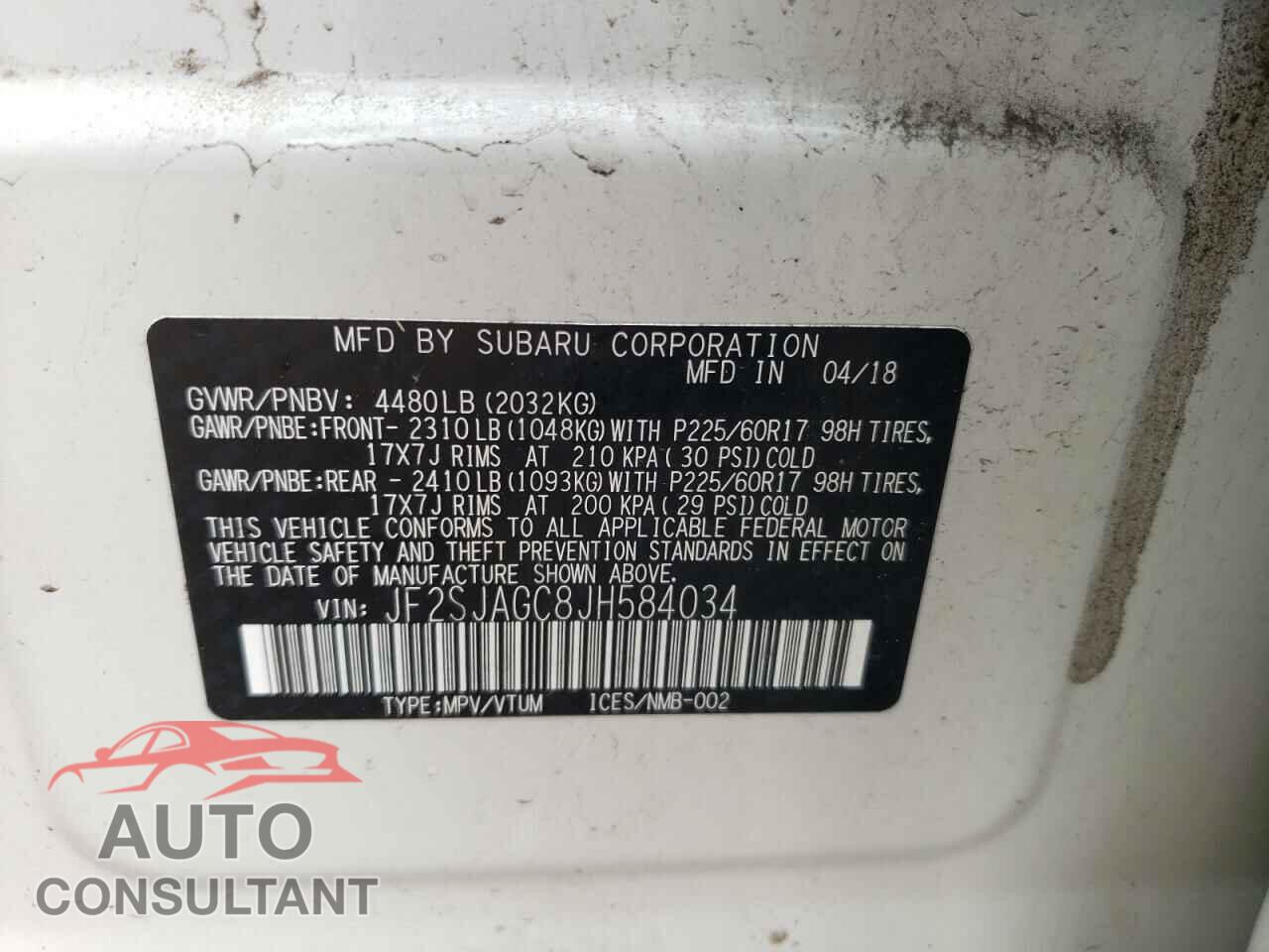 SUBARU FORESTER 2018 - JF2SJAGC8JH584034