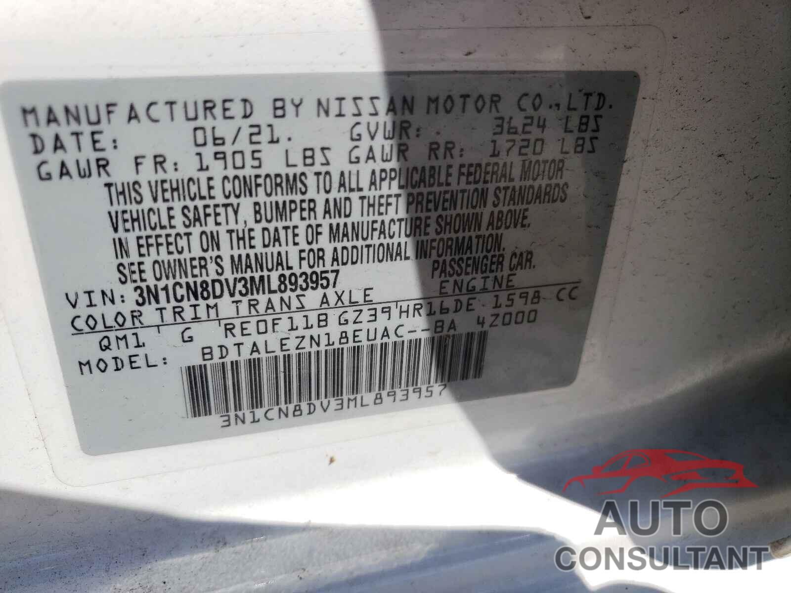 NISSAN VERSA 2021 - 3N1CN8DV3ML893957