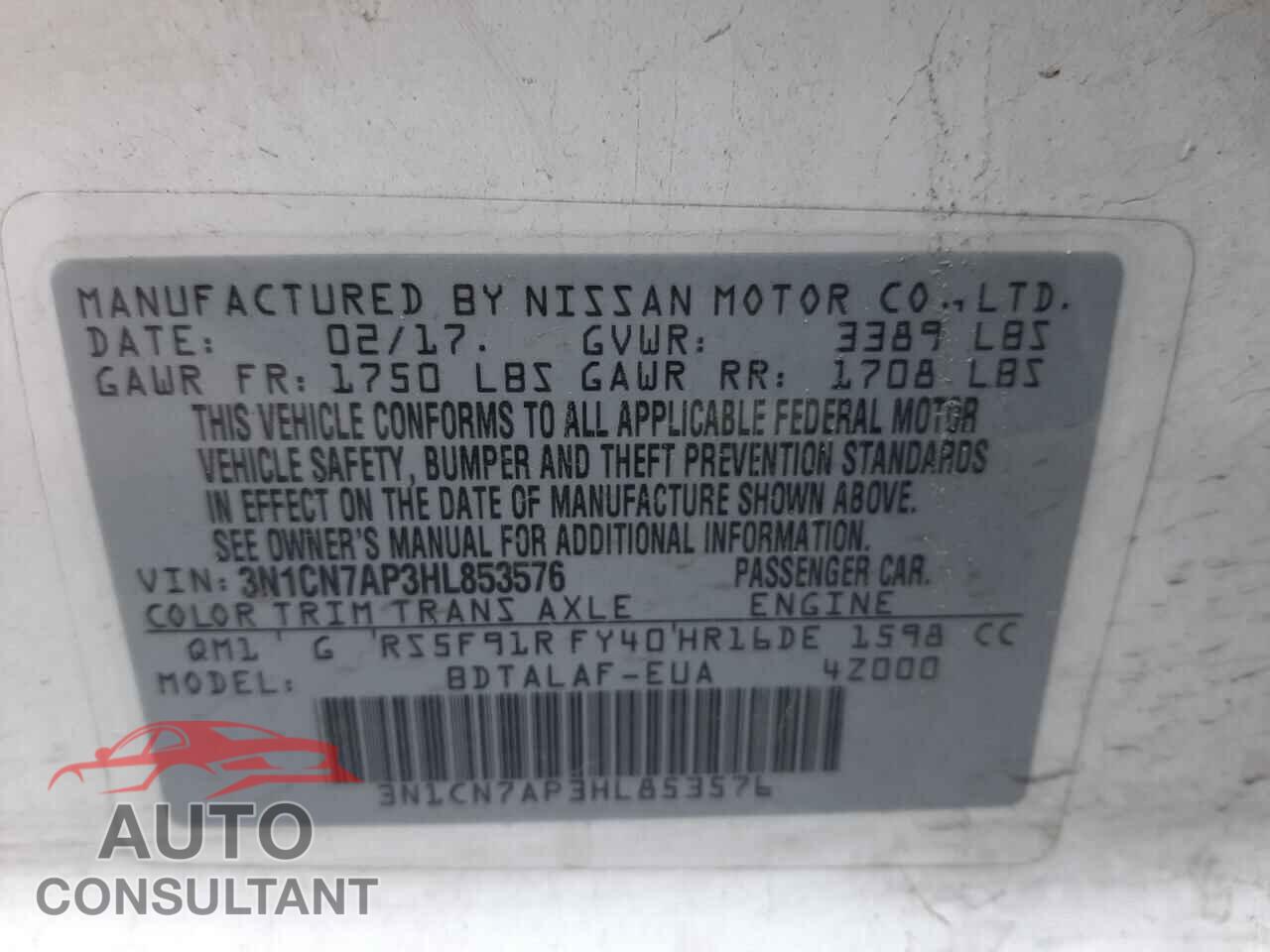 NISSAN VERSA 2017 - 3N1CN7AP3HL853576