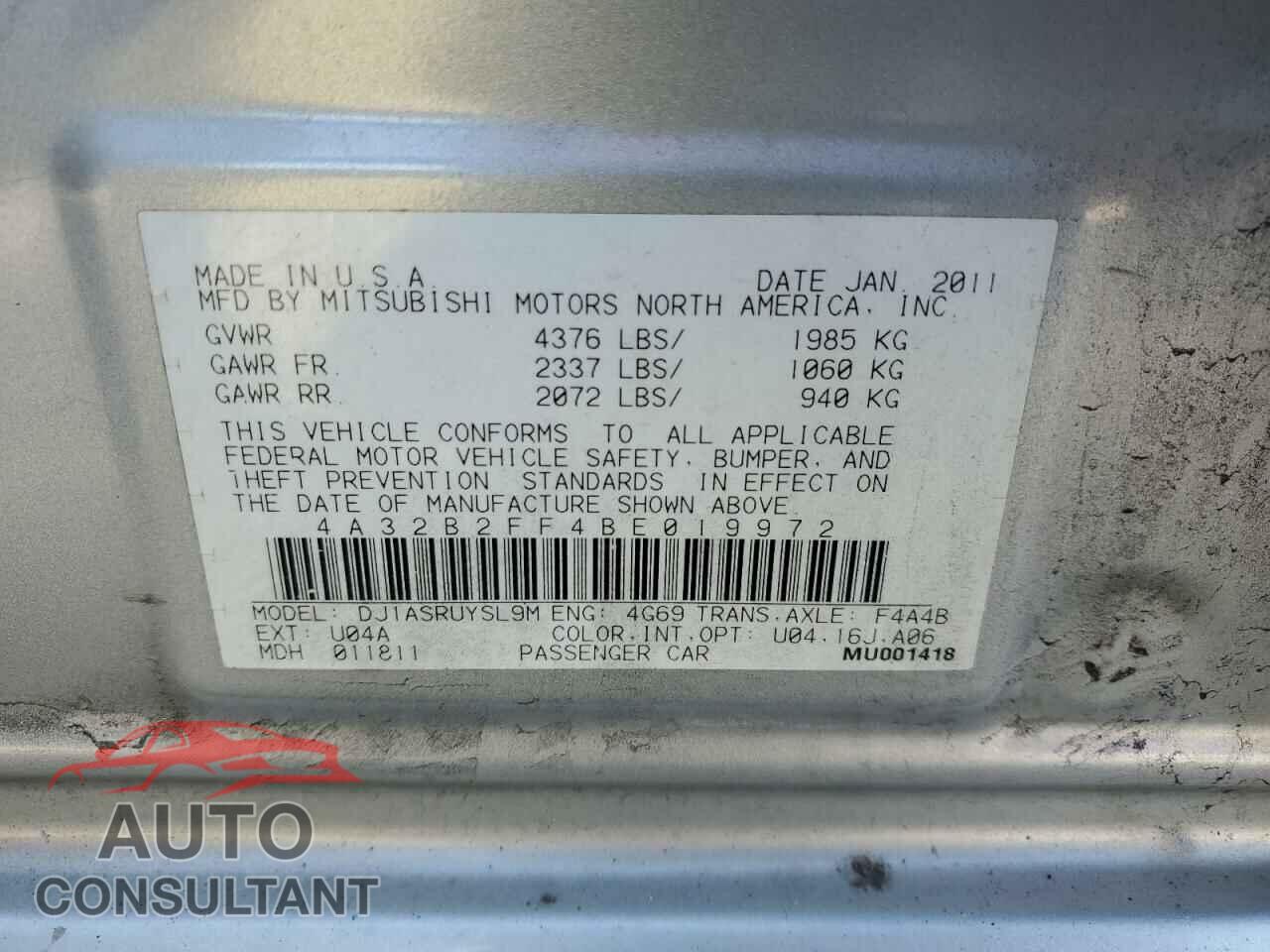 MITSUBISHI GALANT 2011 - 4A32B2FF4BE019972