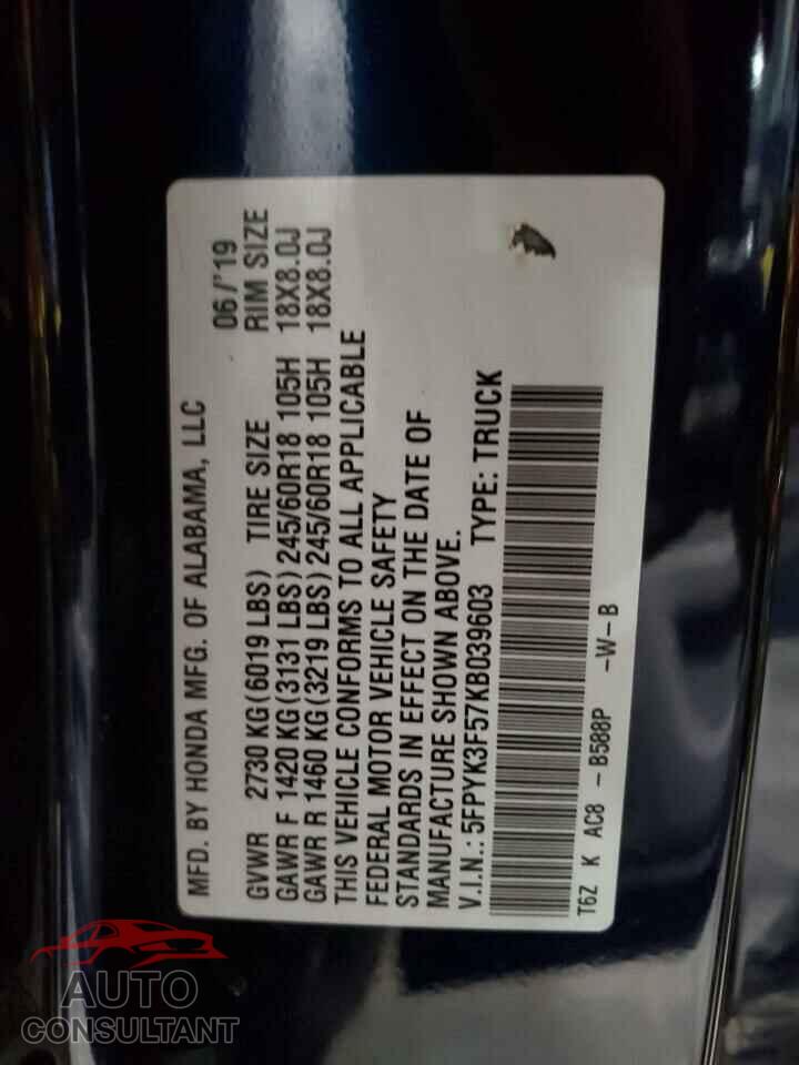 HONDA RIDGELINE 2019 - 5FPYK3F57KB039603