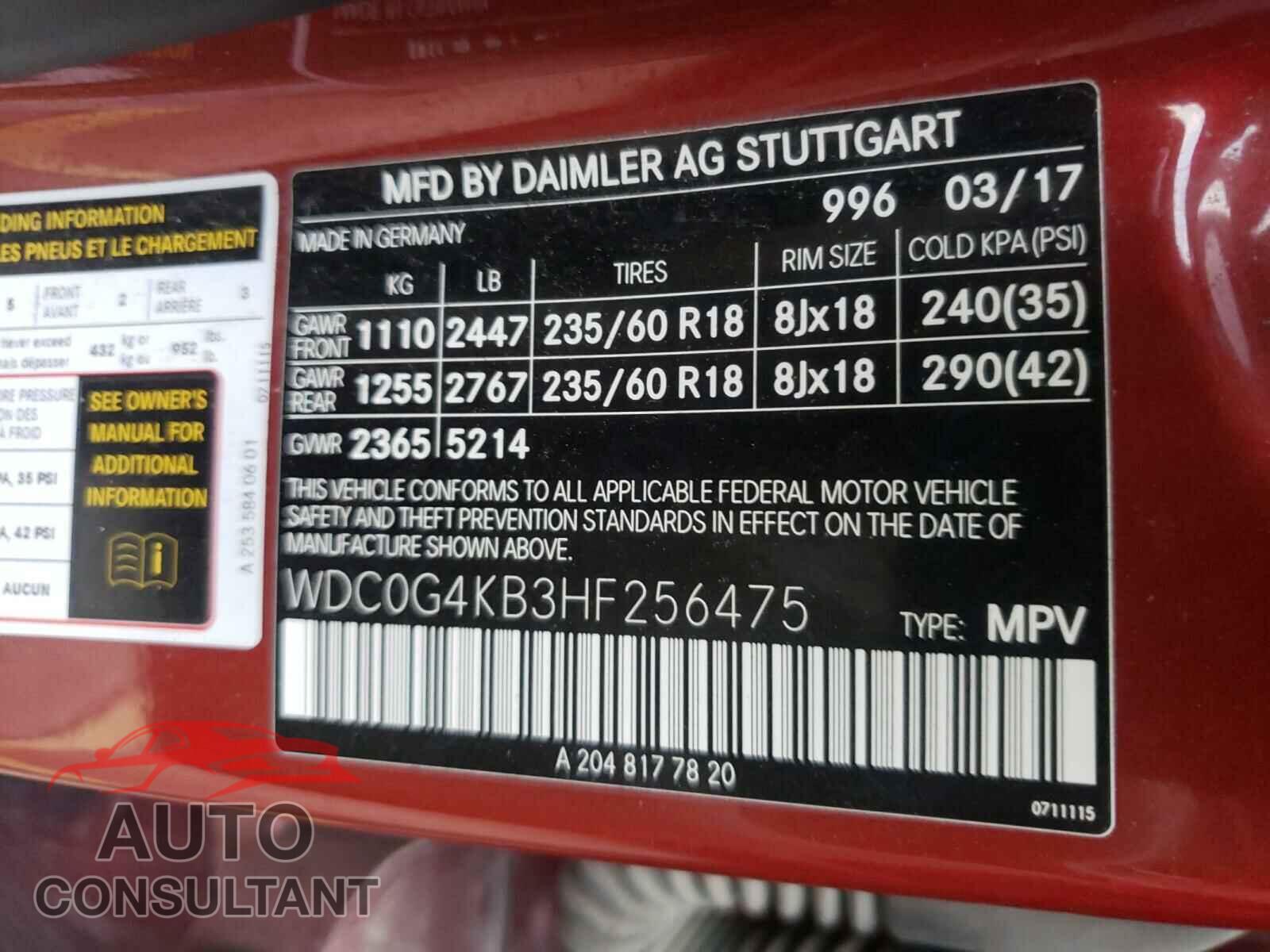 MERCEDES-BENZ GLC-CLASS 2017 - WDC0G4KB3HF256475