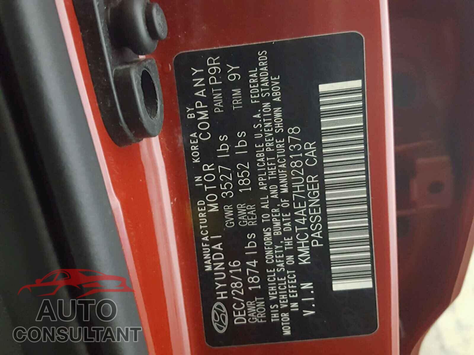 HYUNDAI ACCENT 2017 - KMHCT4AE7HU281378