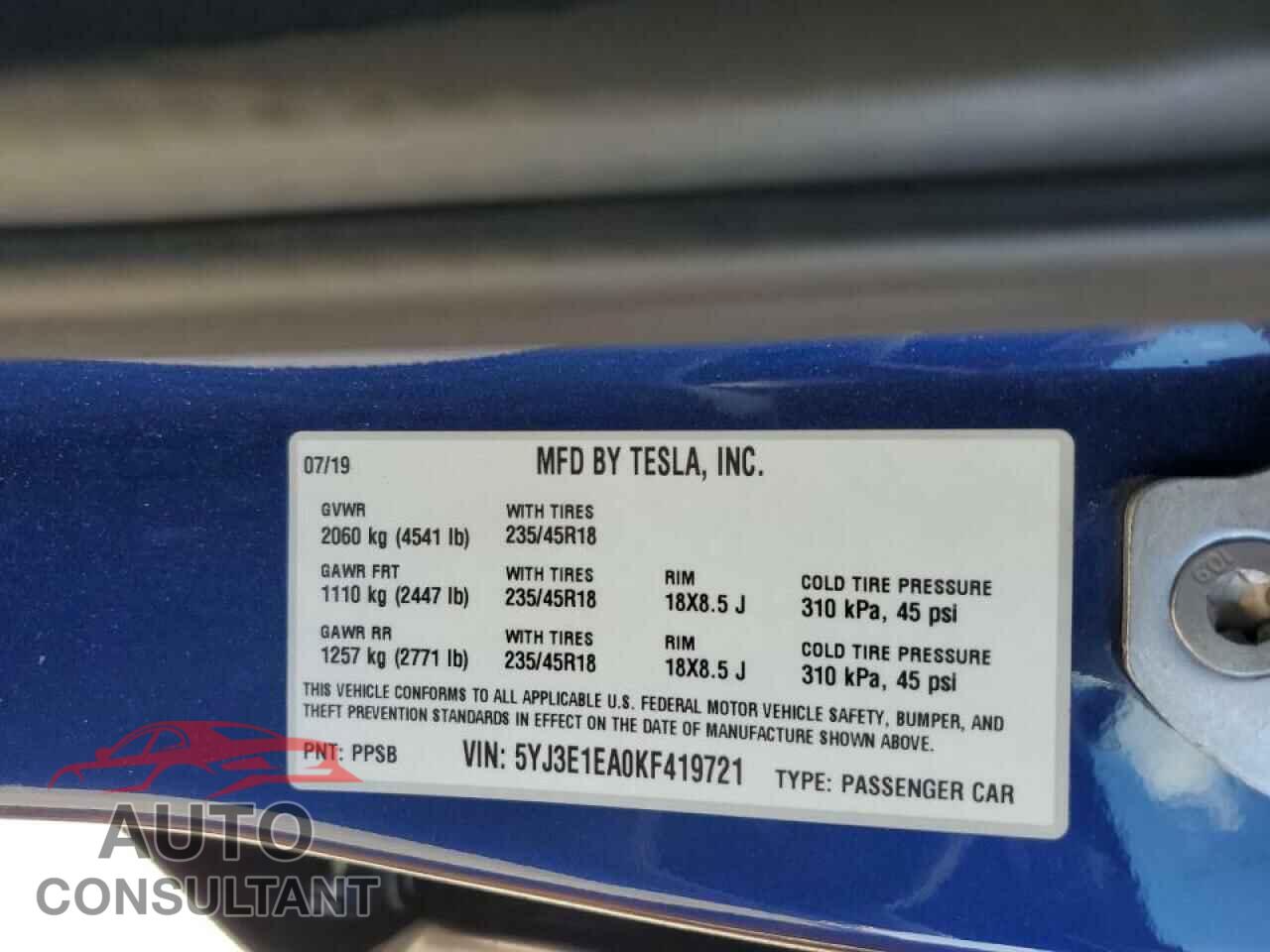 TESLA MODEL 3 2019 - 5YJ3E1EA0KF419721