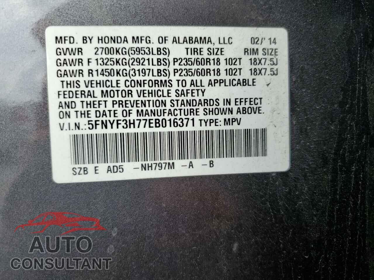 HONDA PILOT 2014 - 5FNYF3H77EB016371