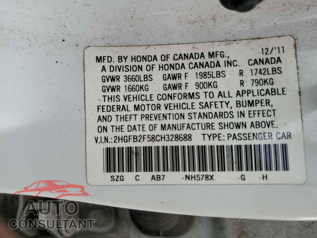 HONDA CIVIC 2012 - 2HGFB2F58CH328688