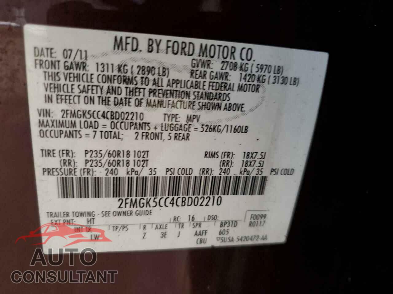 FORD FLEX 2012 - 2FMGK5CC4CBD02210