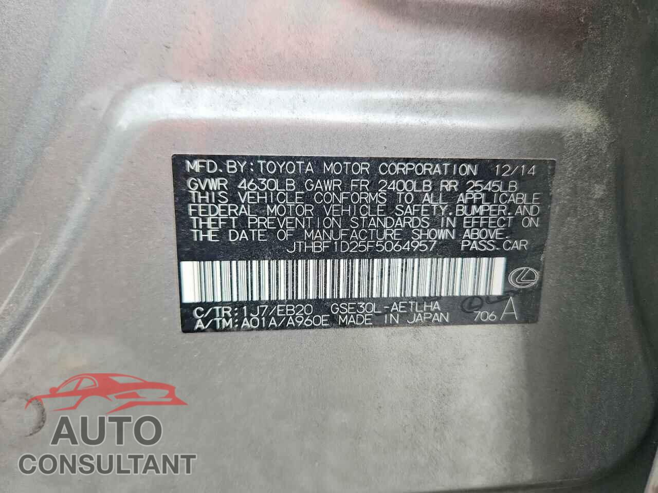 LEXUS IS 2015 - JTHBF1D25F5064957