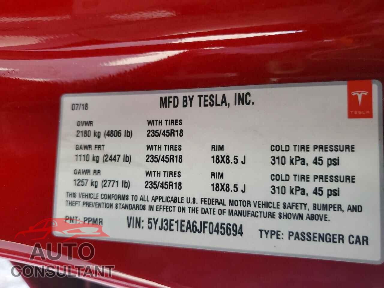 TESLA MODEL 3 2018 - 5YJ3E1EA6JF045694