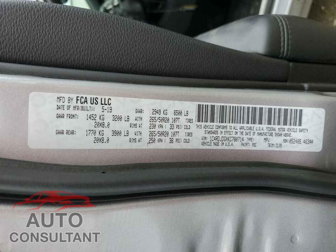 DODGE DURANGO 2019 - 1C4RDJDGXKC780714