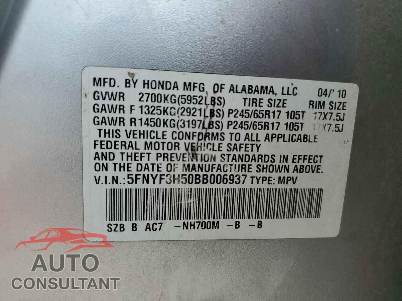 HONDA PILOT 2011 - 5FNYF3H50BB006937