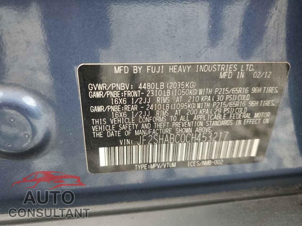 SUBARU FORESTER 2012 - JF2SHABC0CH453217