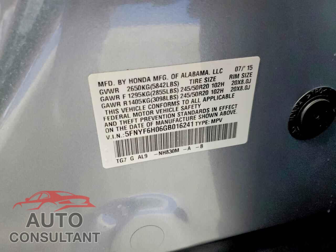 HONDA PILOT 2016 - 5FNYF6H06GB016241