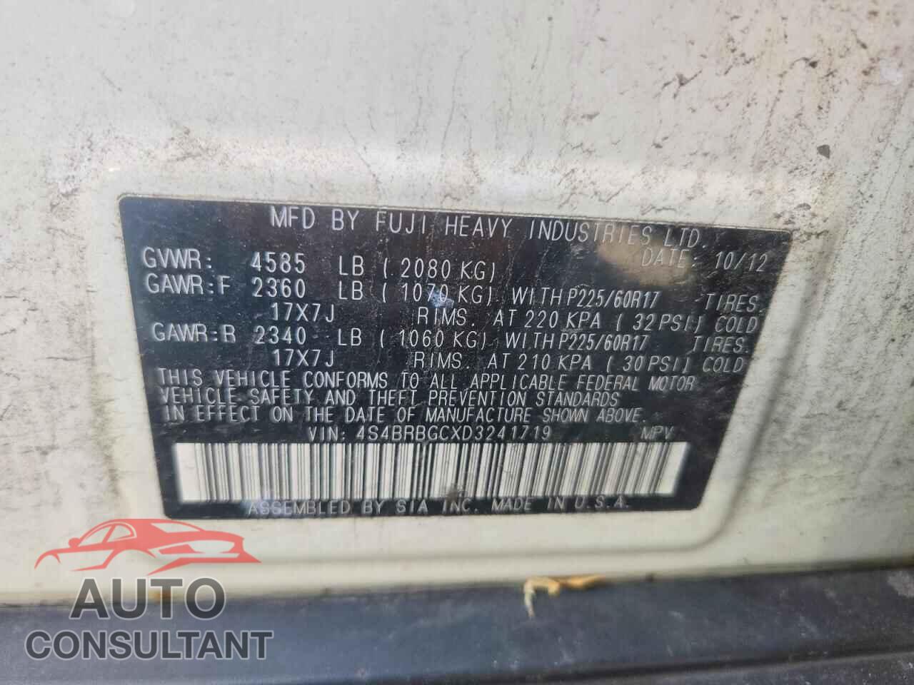 SUBARU OUTBACK 2013 - 4S4BRBGCXD3241719