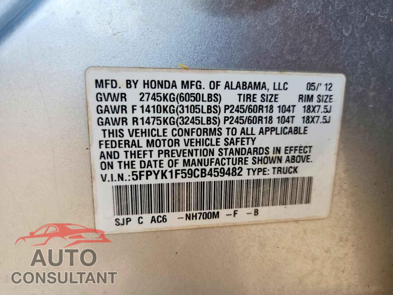 HONDA RIDGELINE 2012 - 5FPYK1F59CB459482