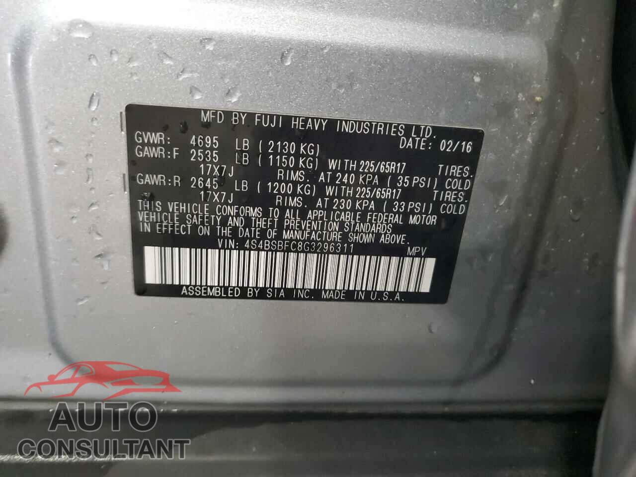 SUBARU OUTBACK 2016 - 4S4BSBFC8G3296311