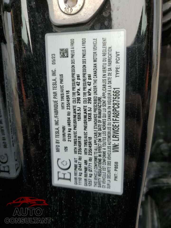 TESLA MODEL 3 2023 - LRW3E1FA8PC875661