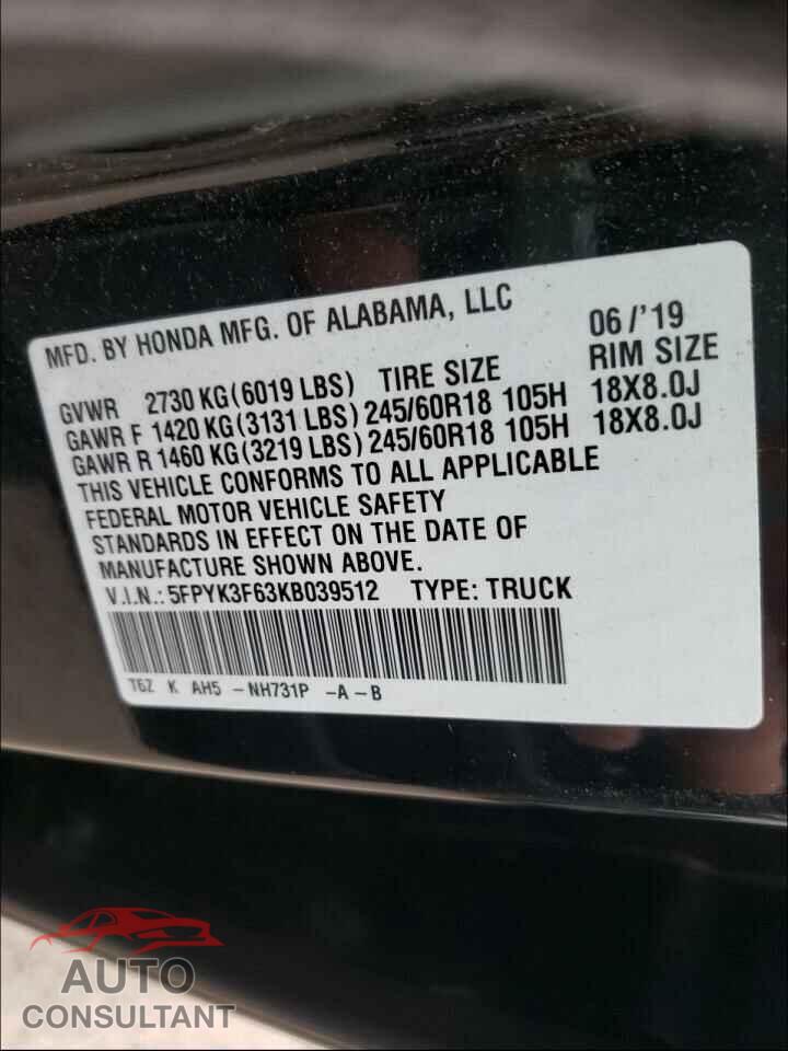 HONDA RIDGELINE 2019 - 5FPYK3F63KB039512