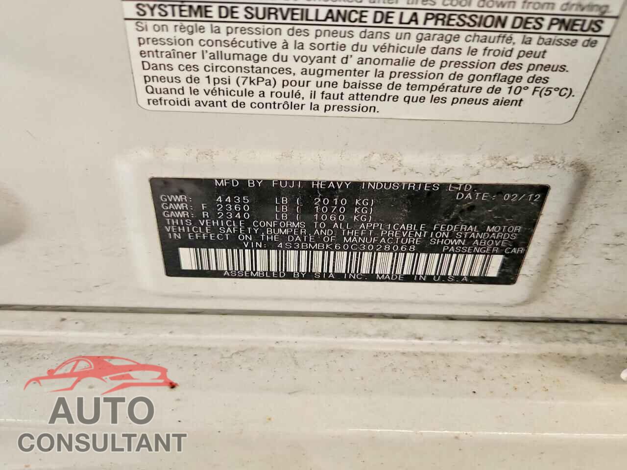 SUBARU LEGACY 2012 - 4S3BMBK60C3028068
