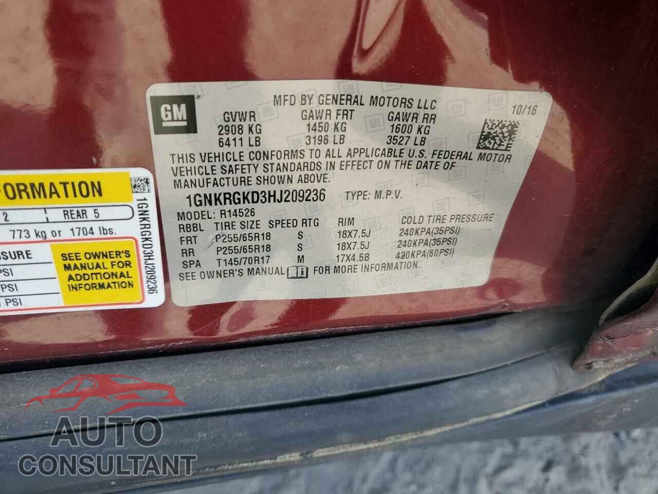 CHEVROLET TRAVERSE 2017 - 1GNKRGKD3HJ209236