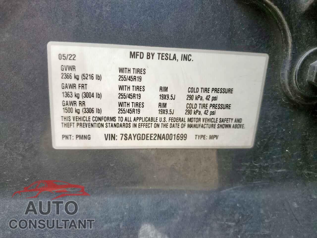 TESLA MODEL Y 2022 - 7SAYGDEE2NA001699