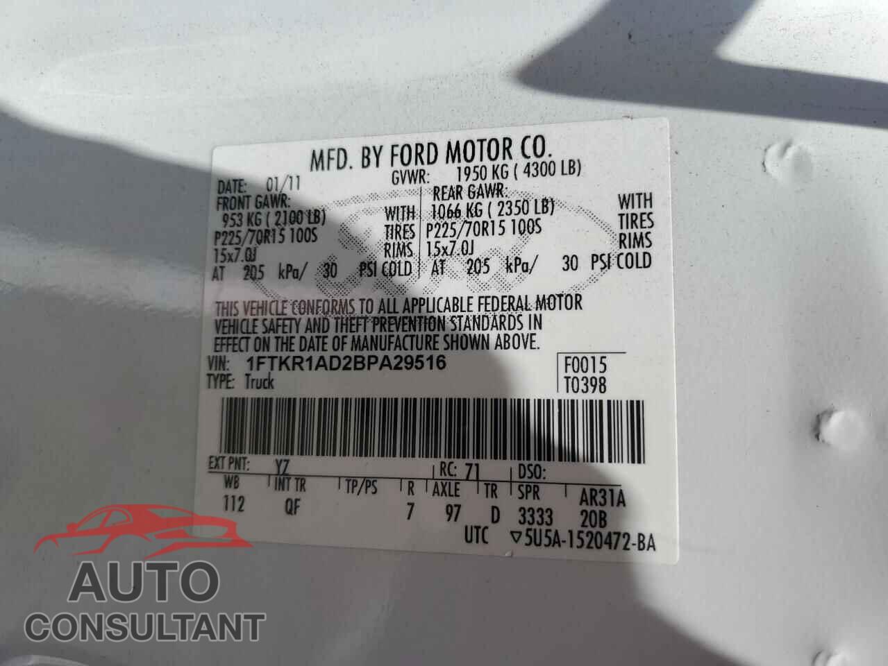 FORD RANGER 2011 - 1FTKR1AD2BPA29516