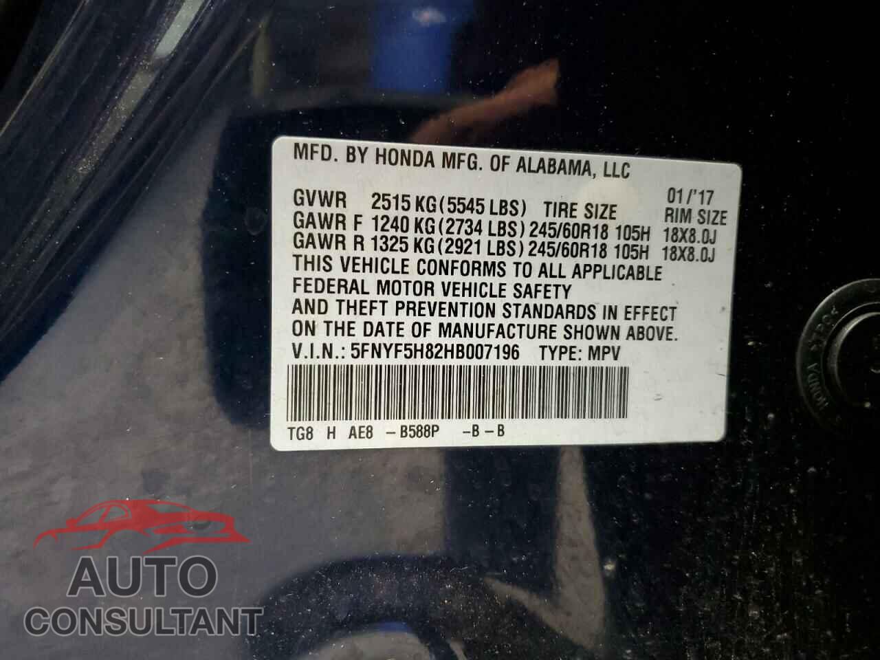 HONDA PILOT 2017 - 5FNYF5H82HB007196