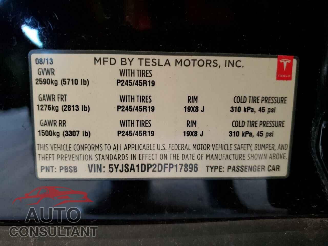 TESLA MODEL S 2013 - 5YJSA1DP2DFP17896
