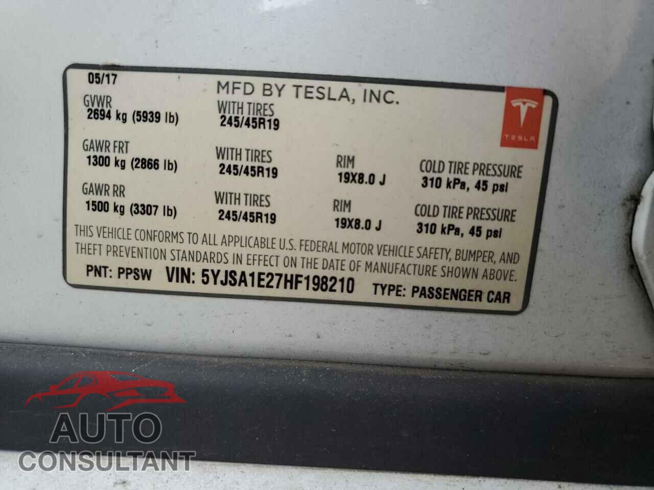 TESLA MODEL S 2017 - 5YJSA1E27HF198210