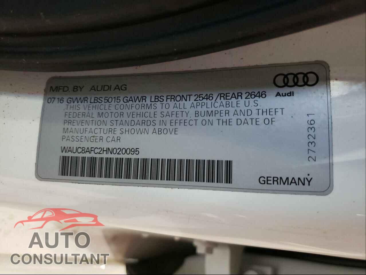 AUDI A6 2017 - WAUC8AFC2HN020095