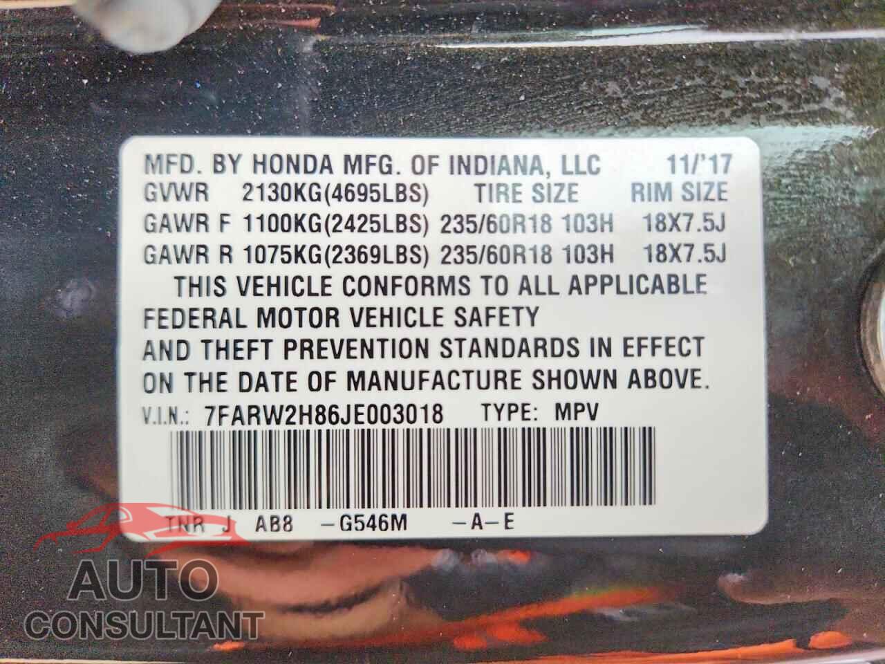 HONDA CRV 2018 - 7FARW2H86JE003018