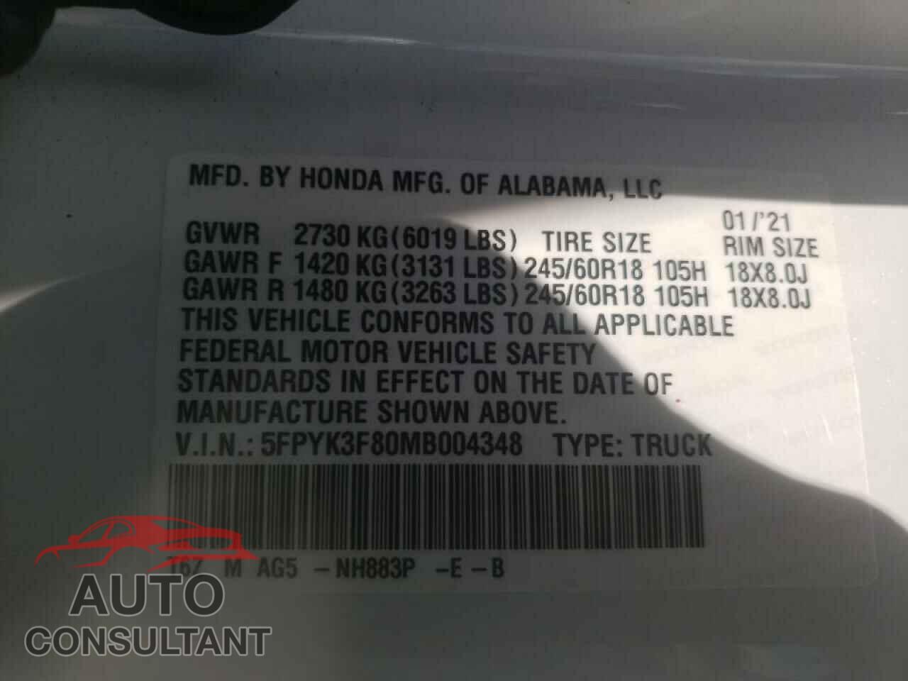 HONDA RIDGELINE 2021 - 5FPYK3F80MB004348