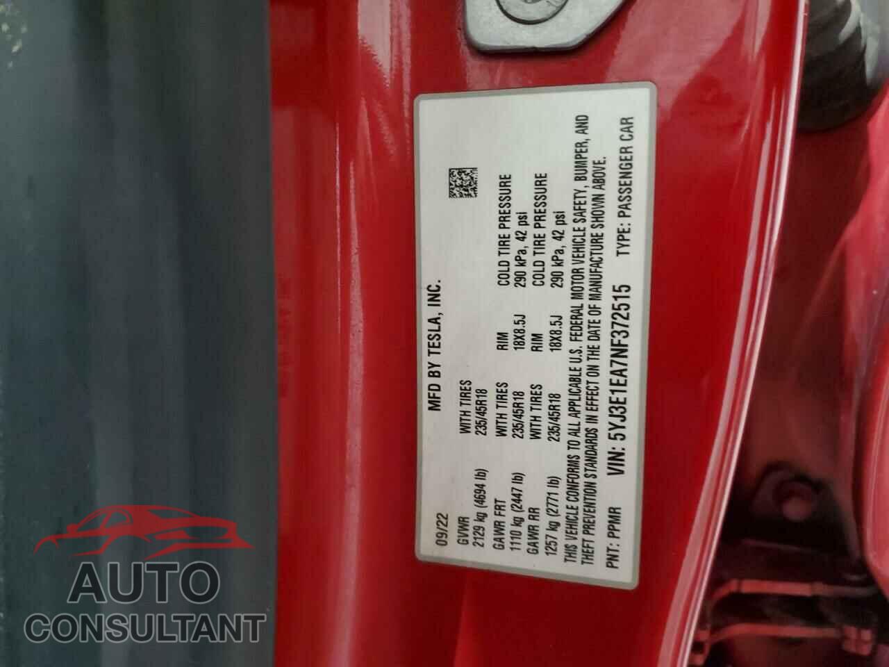 TESLA MODEL 3 2022 - 5YJ3E1EA7NF372515