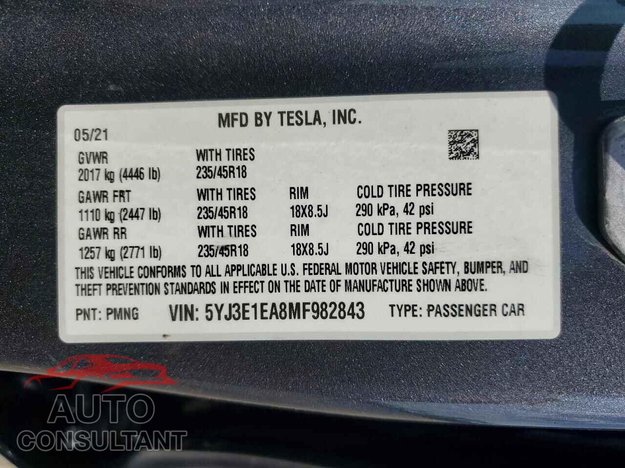 TESLA MODEL 3 2021 - 5YJ3E1EA8MF982843