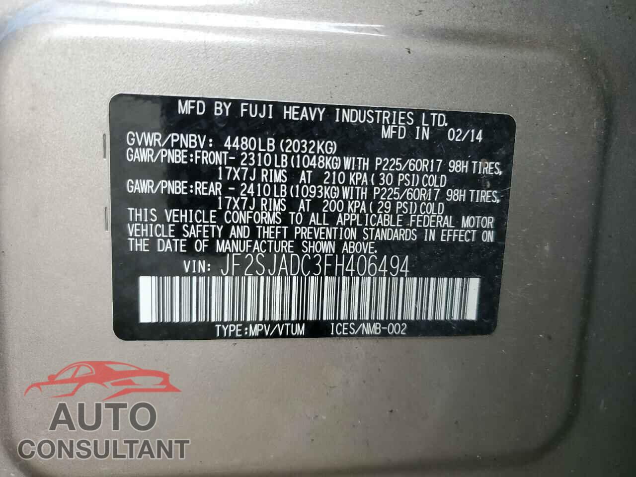 SUBARU FORESTER 2015 - JF2SJADC3FH406494