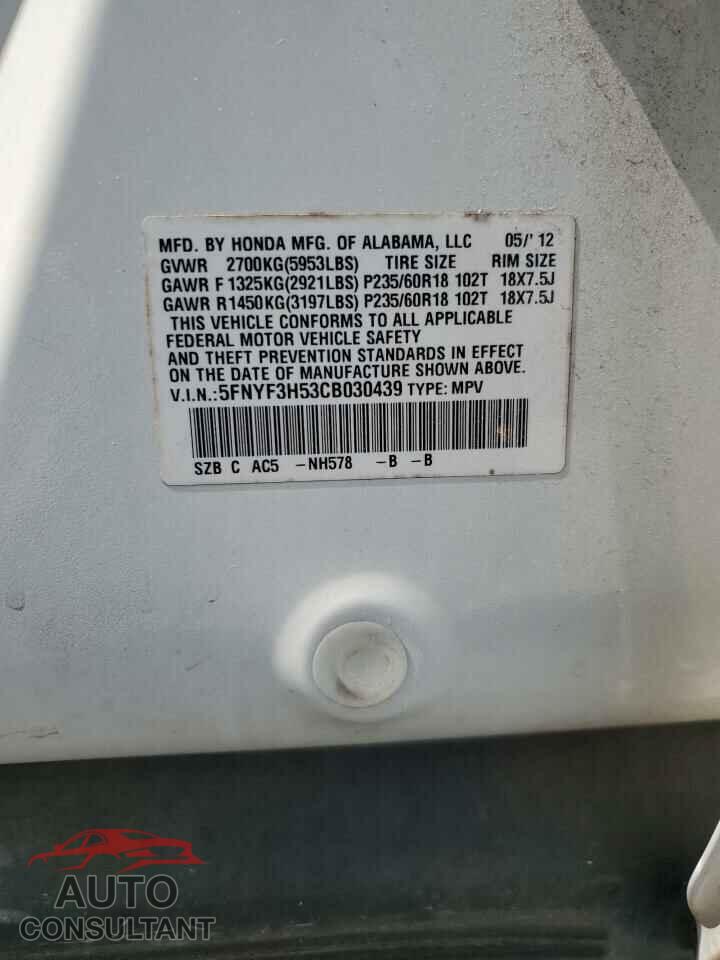HONDA PILOT 2012 - 5FNYF3H53CB030439