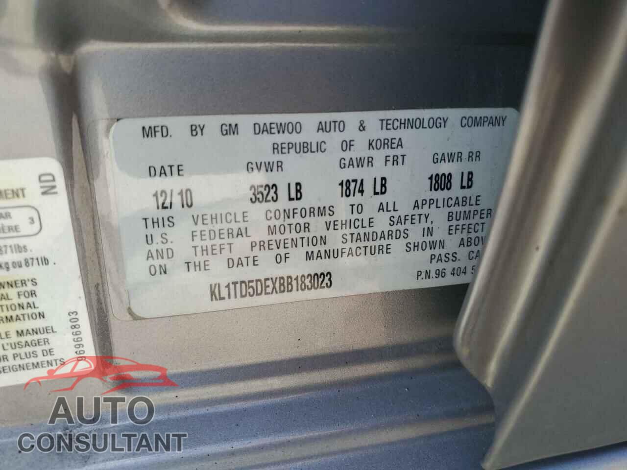 CHEVROLET AVEO 2011 - KL1TD5DEXBB183023
