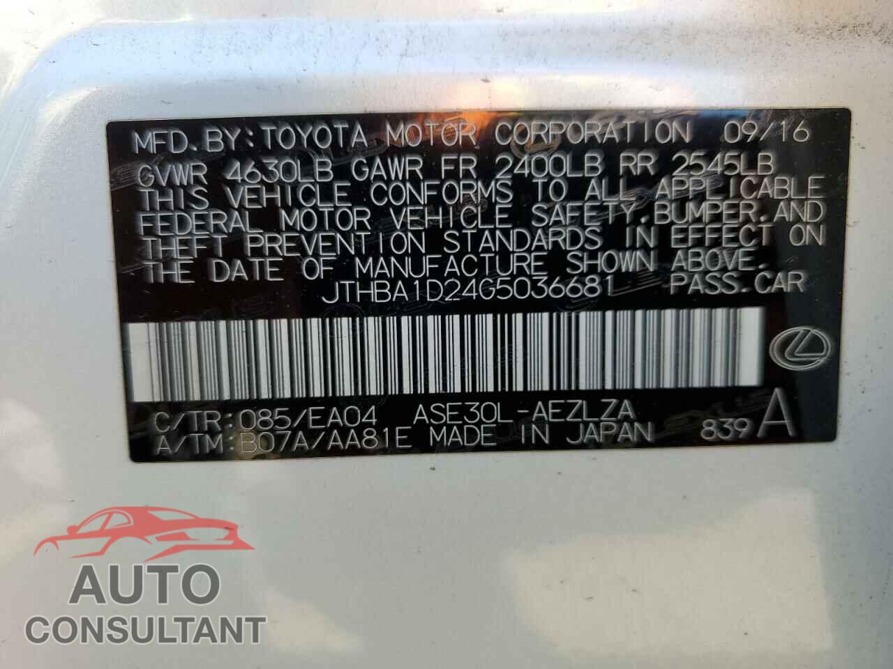 LEXUS IS 2016 - JTHBA1D24G5036681