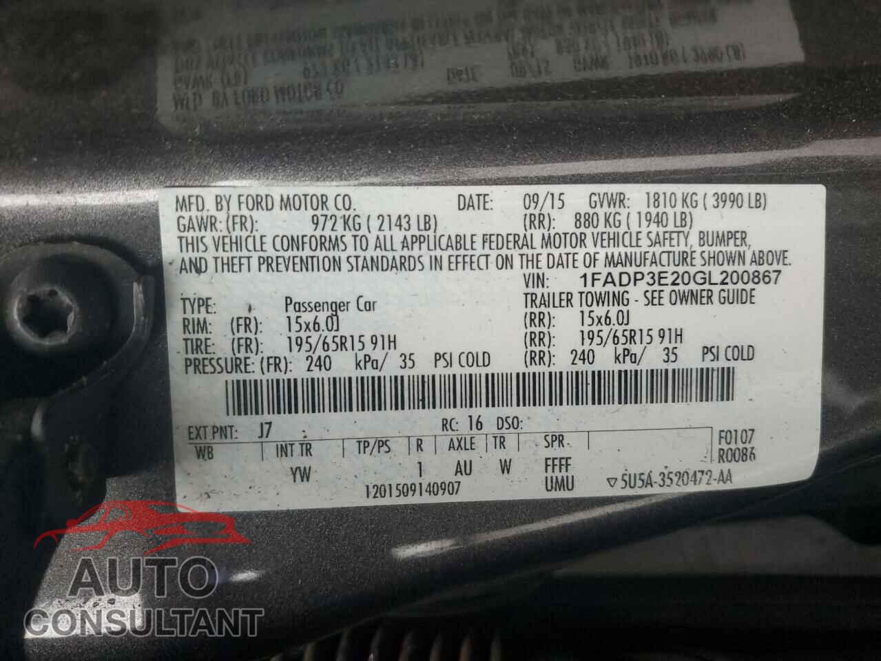 FORD FOCUS 2016 - 1FADP3E20GL200867