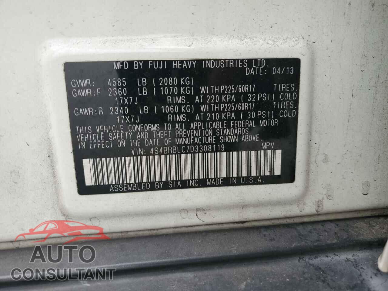 SUBARU OUTBACK 2013 - 4S4BRBLC7D3308119