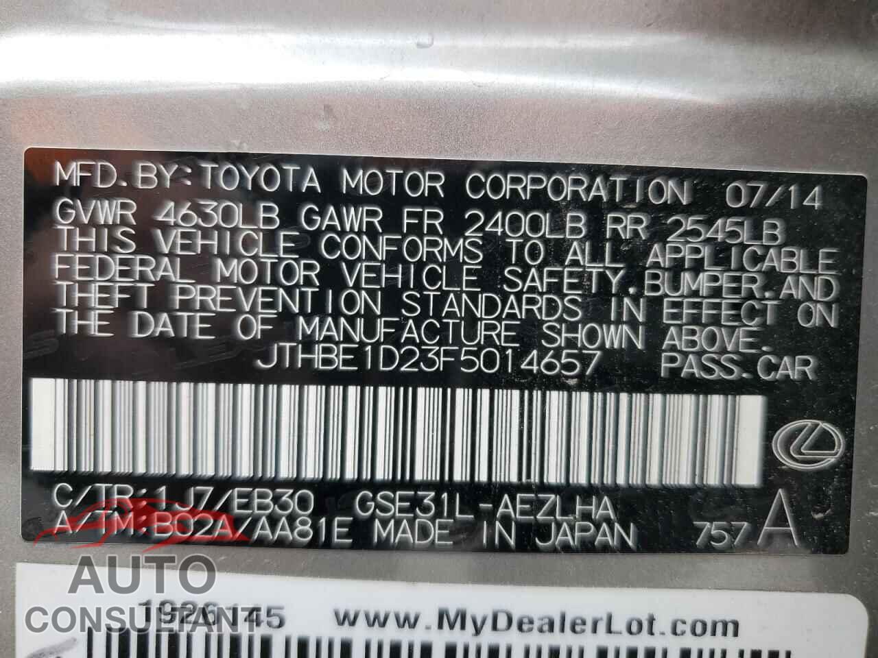 LEXUS IS 2015 - JTHBE1D23F5014657