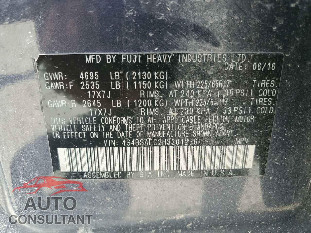 SUBARU OUTBACK 2017 - 4S4BSAFC2H3201236