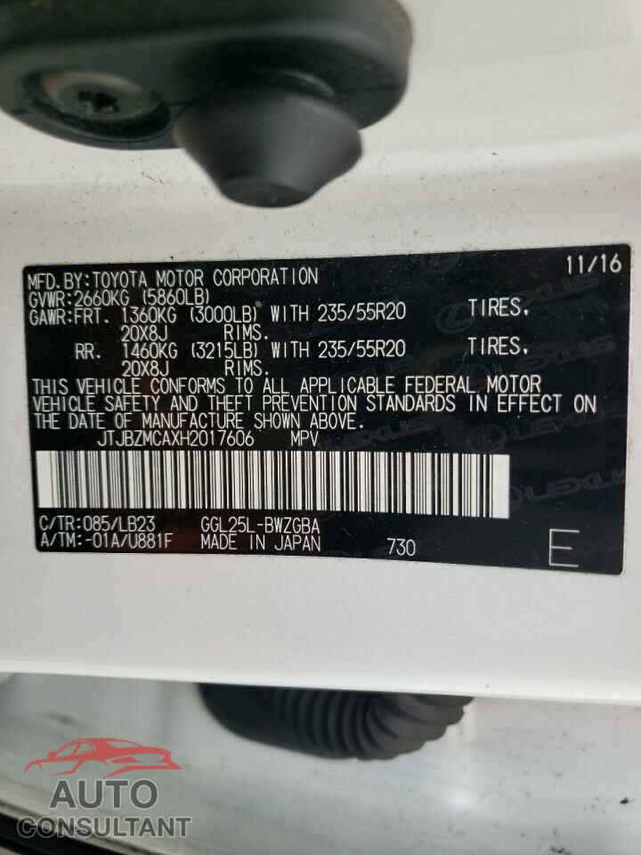 LEXUS RX350 2017 - JTJBZMCAXH2017606