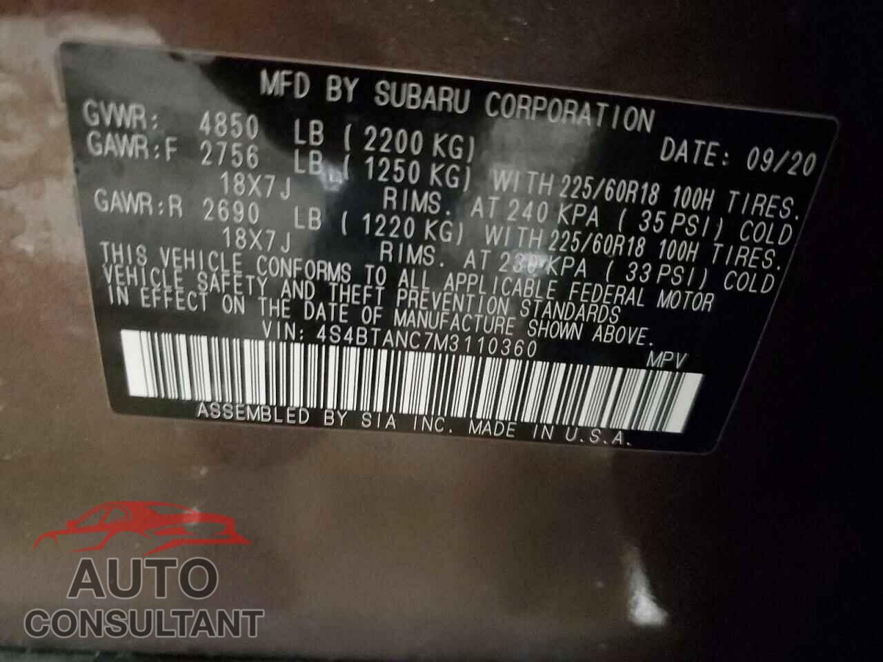 SUBARU OUTBACK 2021 - 4S4BTANC7M3110360